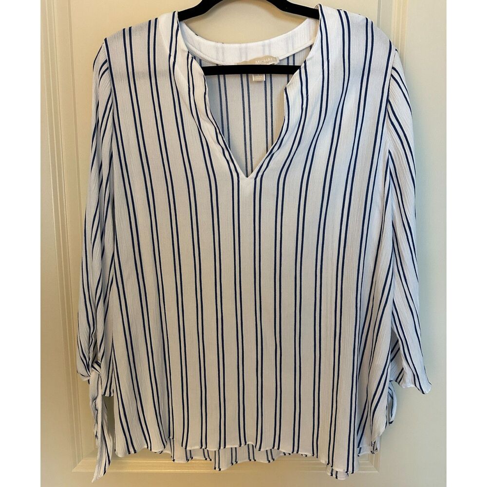 Michael Kors White and Navy Vertical Stripe V-Neck Tunic Women's Sz Large